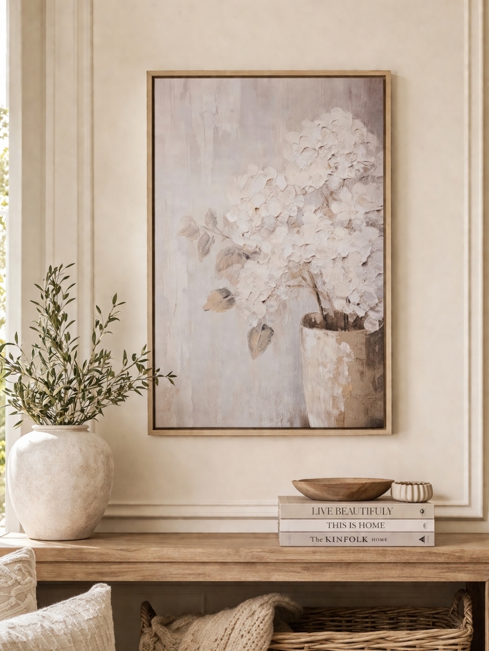 Neutral Floral Canvas Wall Art Beige Hydrangea Vase Print Rustic Farmhouse Decor